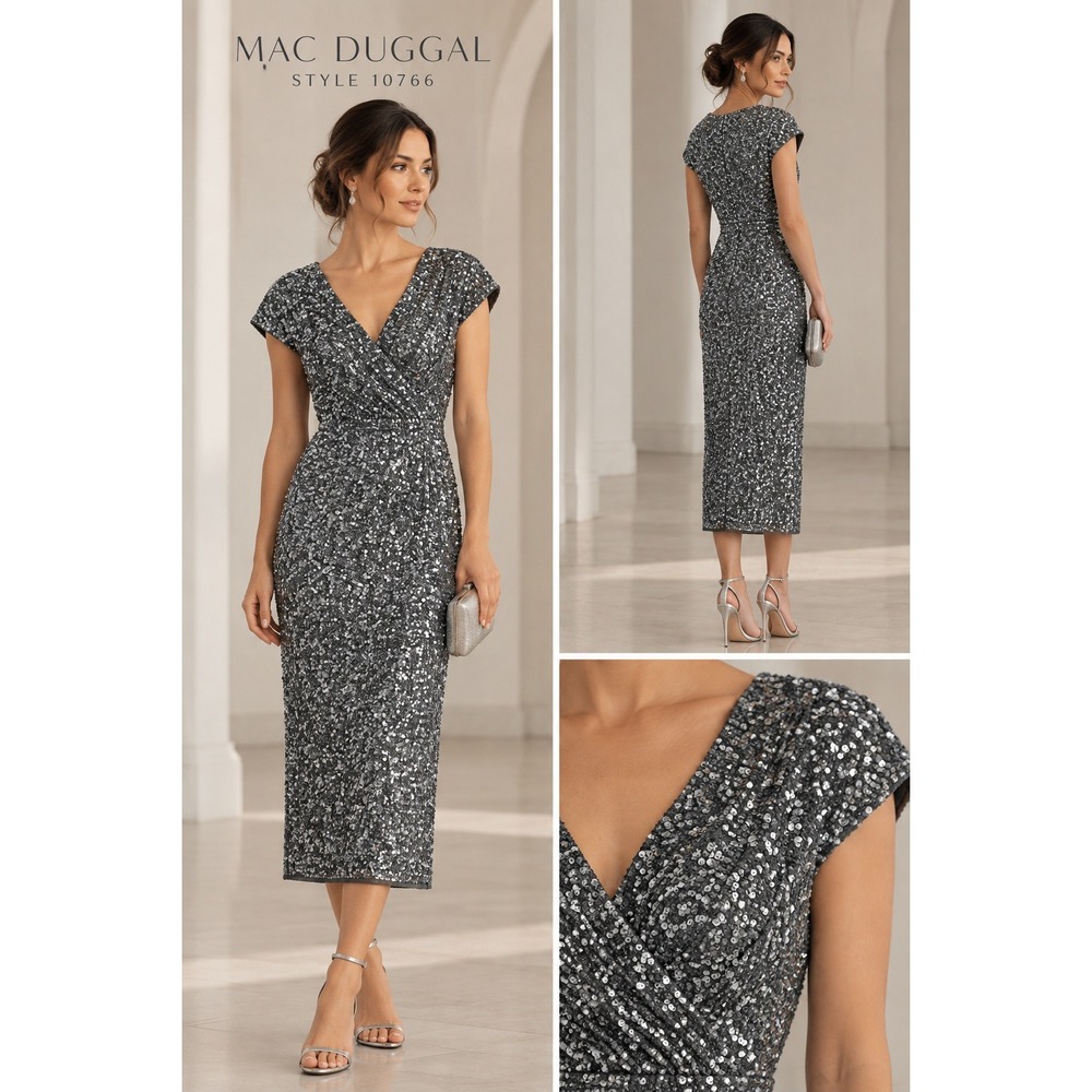Mac Duggal 10766 Sequin Midi Dress Size 8 Platinum Cocktail Formal Wedding Guest